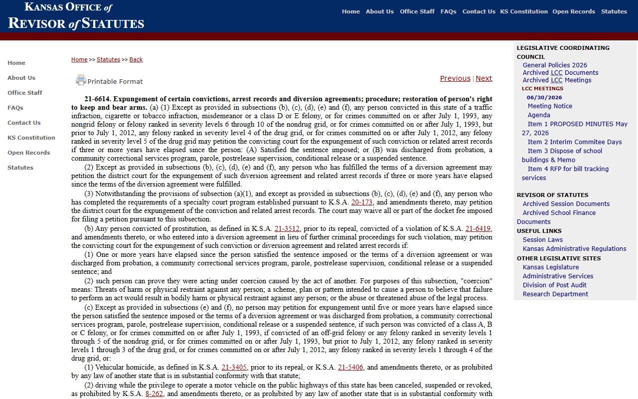 Pratt County criminal court records expungement statute K.S.A. 21-6614