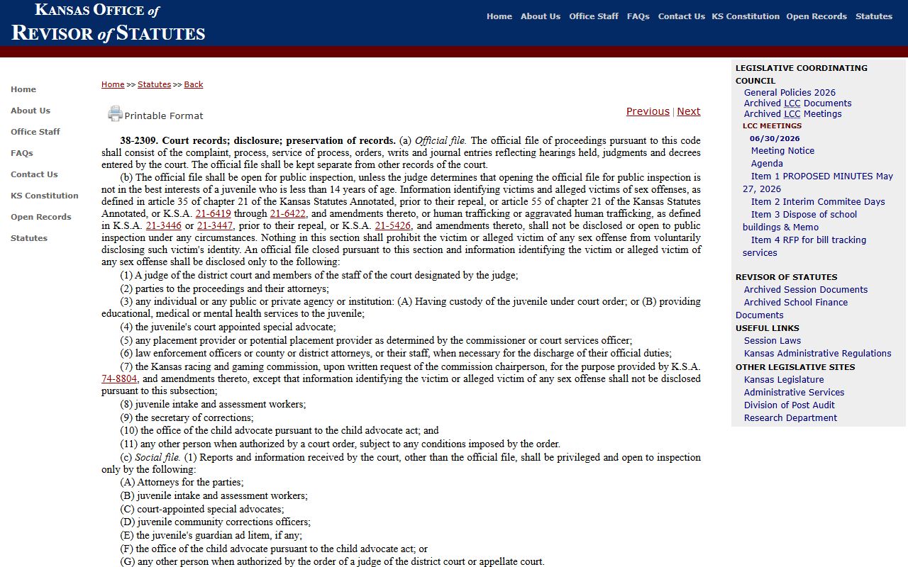 Pratt County criminal court records juvenile restriction statute K.S.A. 38-2309