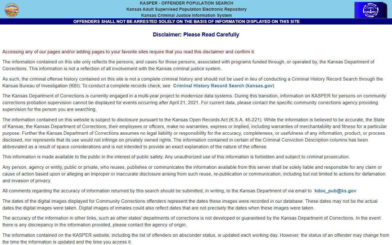 Pratt County inmate records KDOC KASPER disclaimer