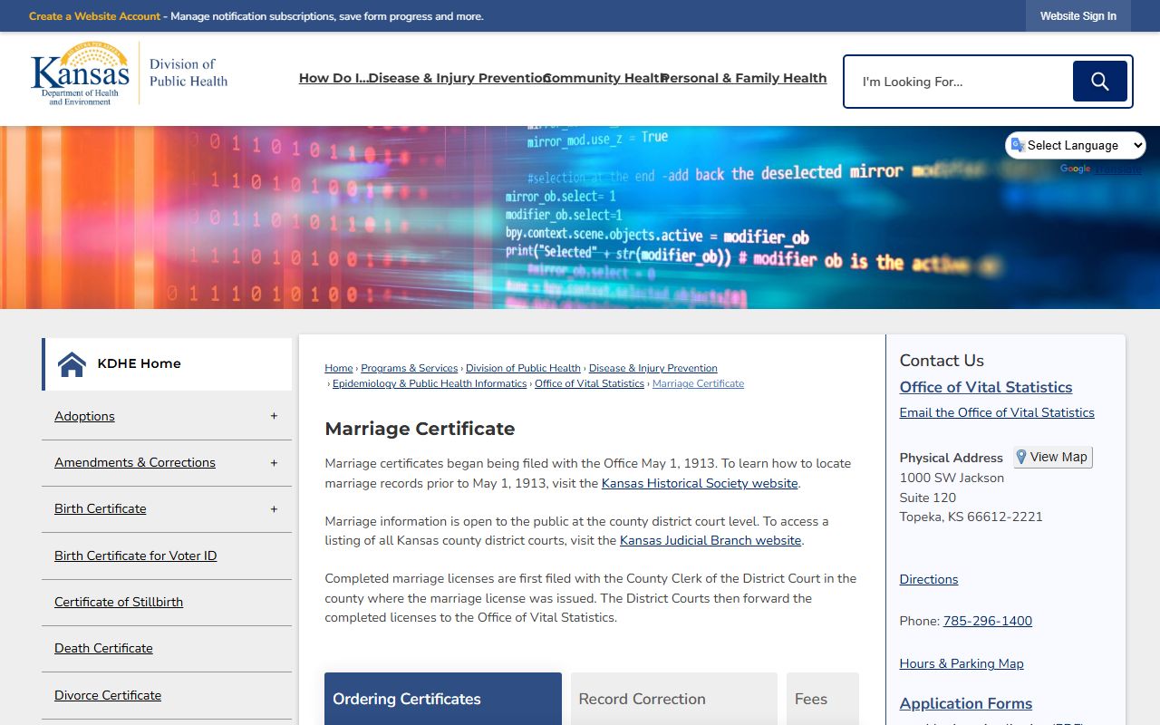 Pratt County marriage records KDHE marriage certificate instructions