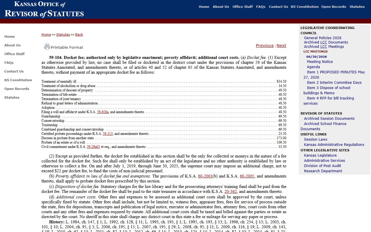 Pratt County probate records Kansas probate fee statute