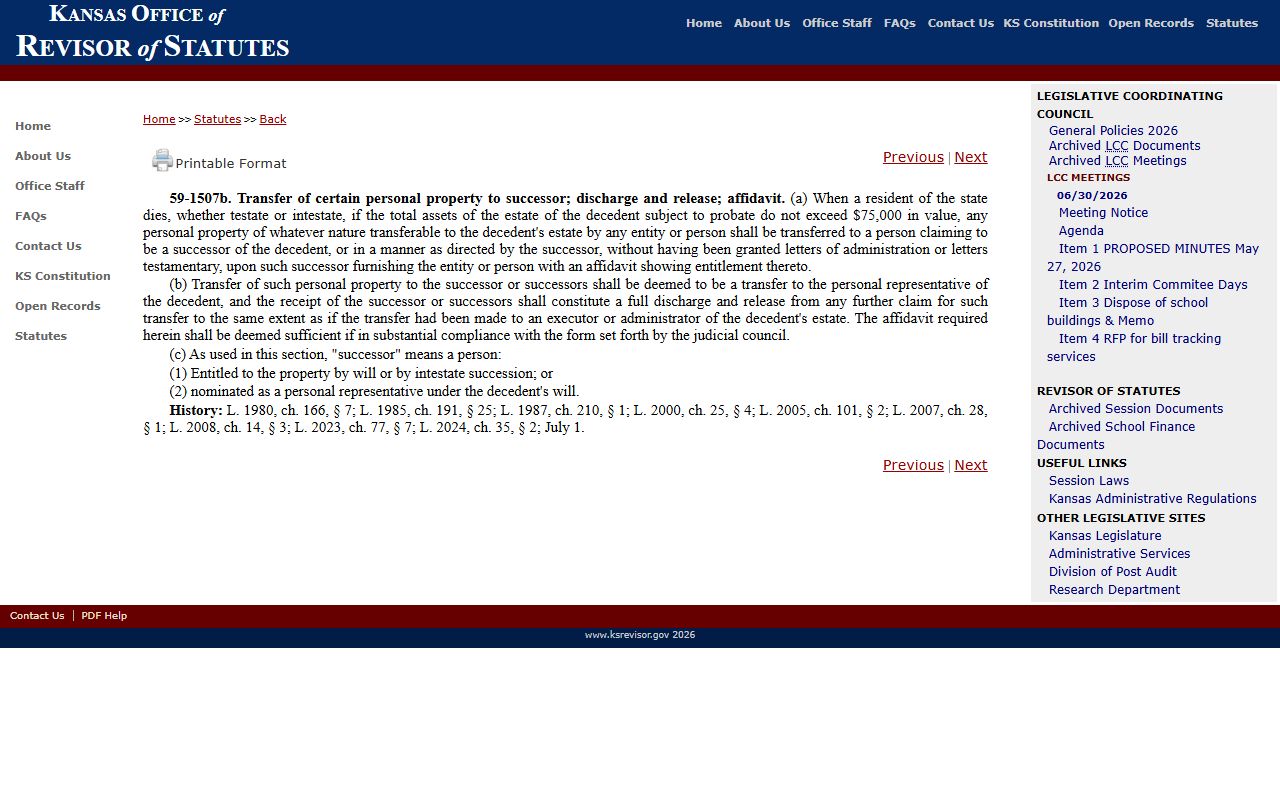 Pratt County probate records Kansas small estate affidavit statute
