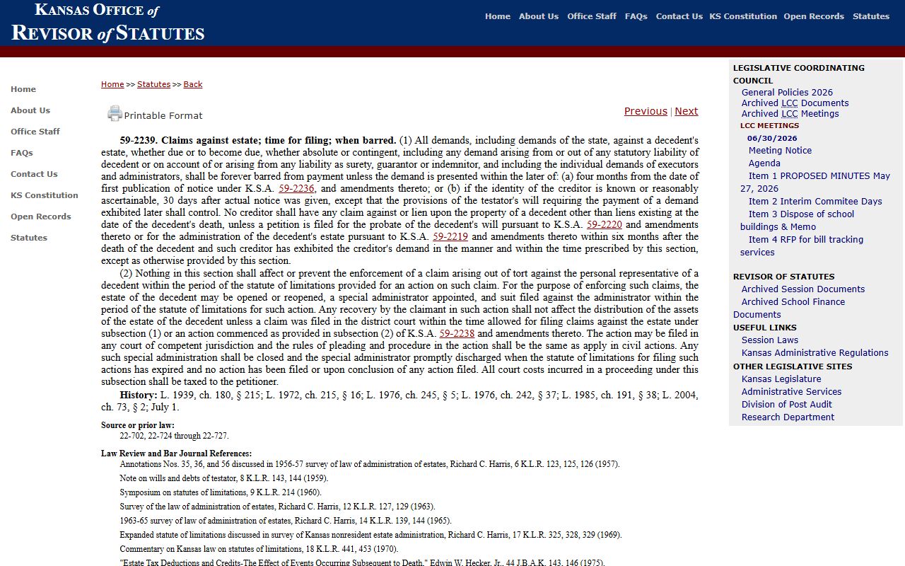 Pratt County probate records Kansas creditor demand timing statute
