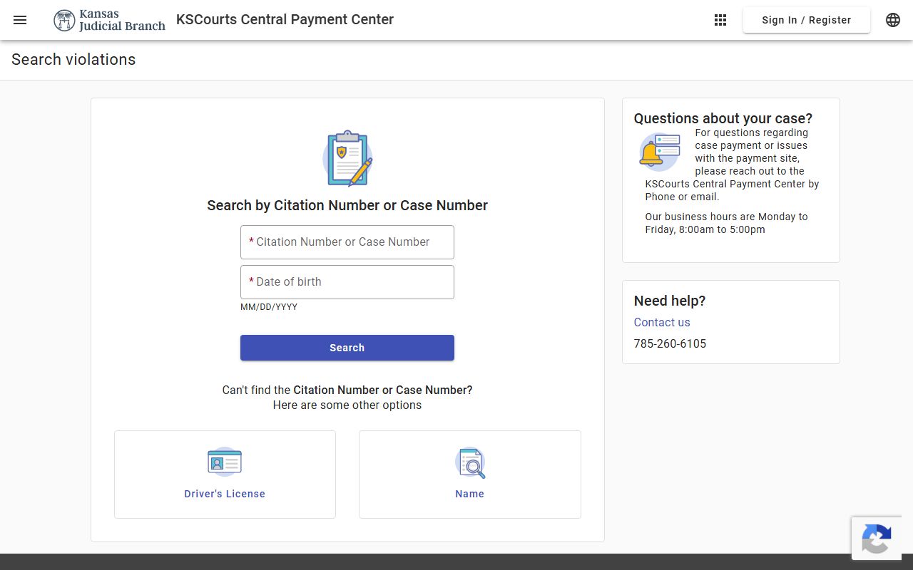 Pratt County traffic court records Kansas Central Payment Center search fields